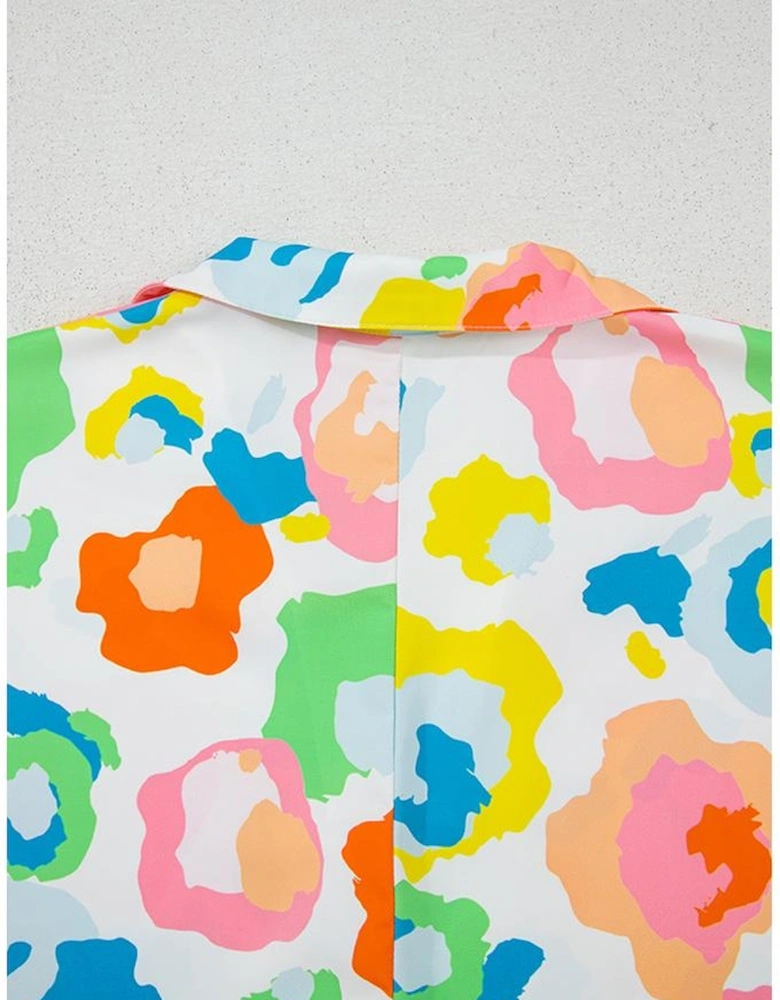 Green Chic Leopard Print Striped Detail Split Neck Blouse