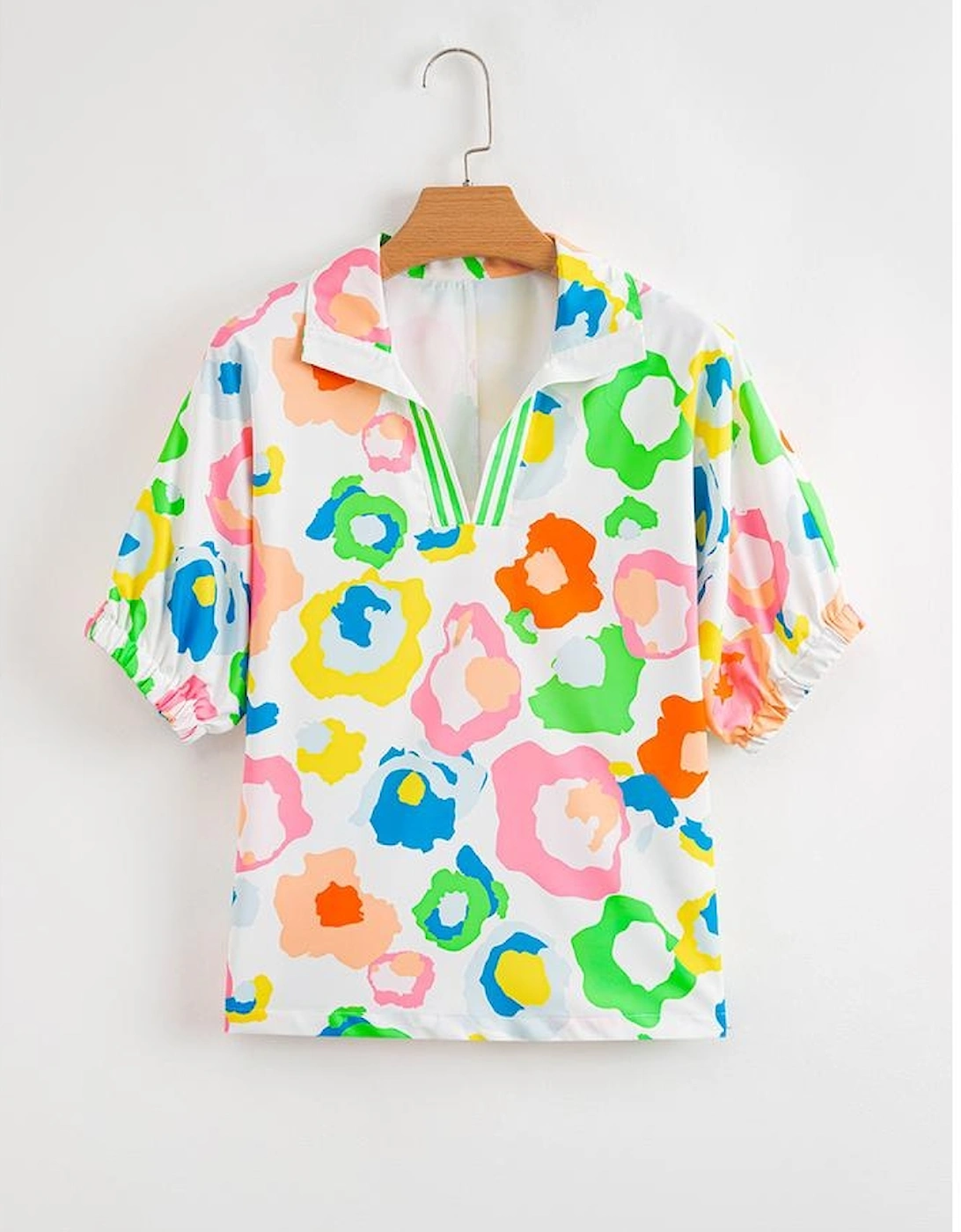 Green Chic Leopard Print Striped Detail Split Neck Blouse