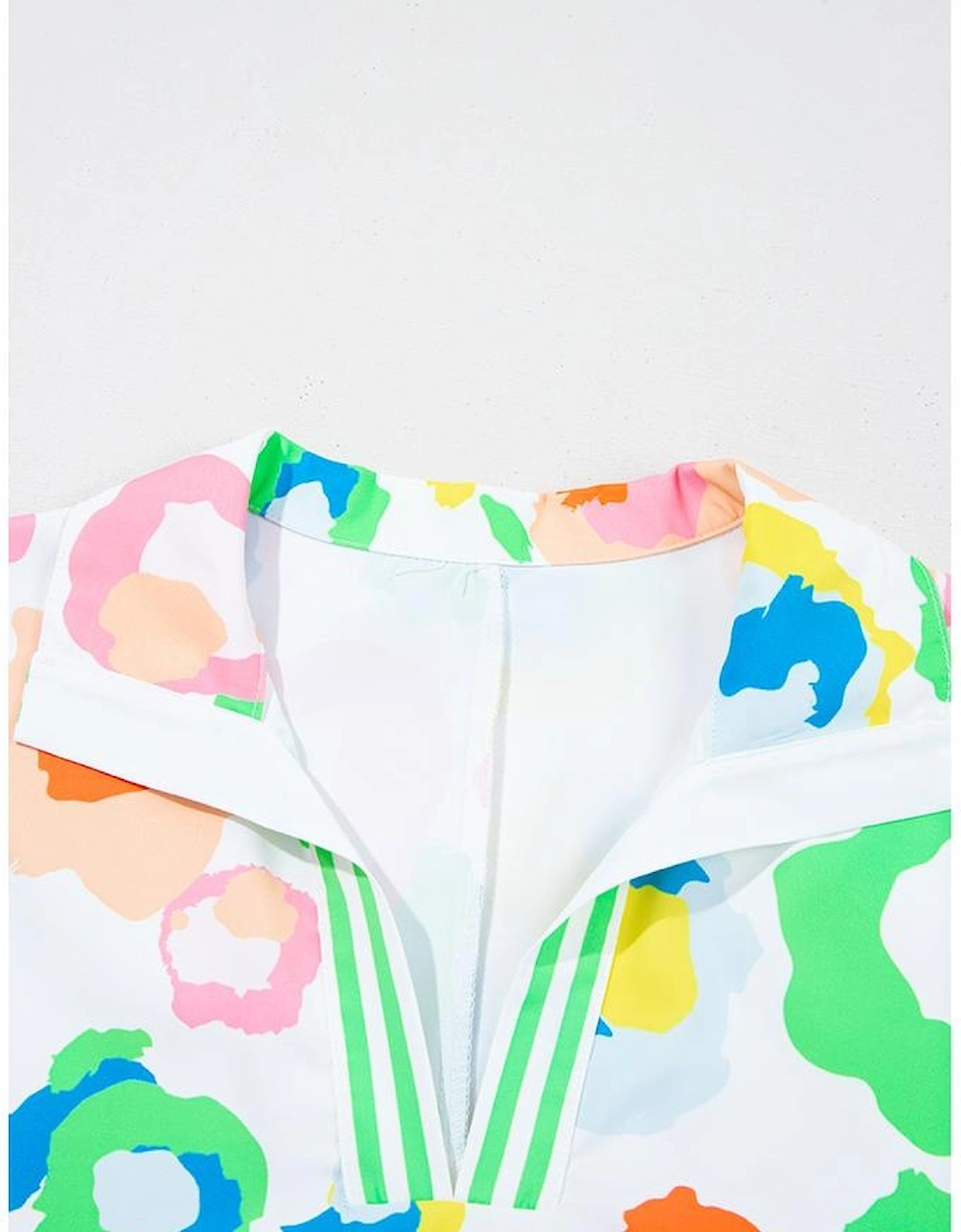 Green Chic Leopard Print Striped Detail Split Neck Blouse