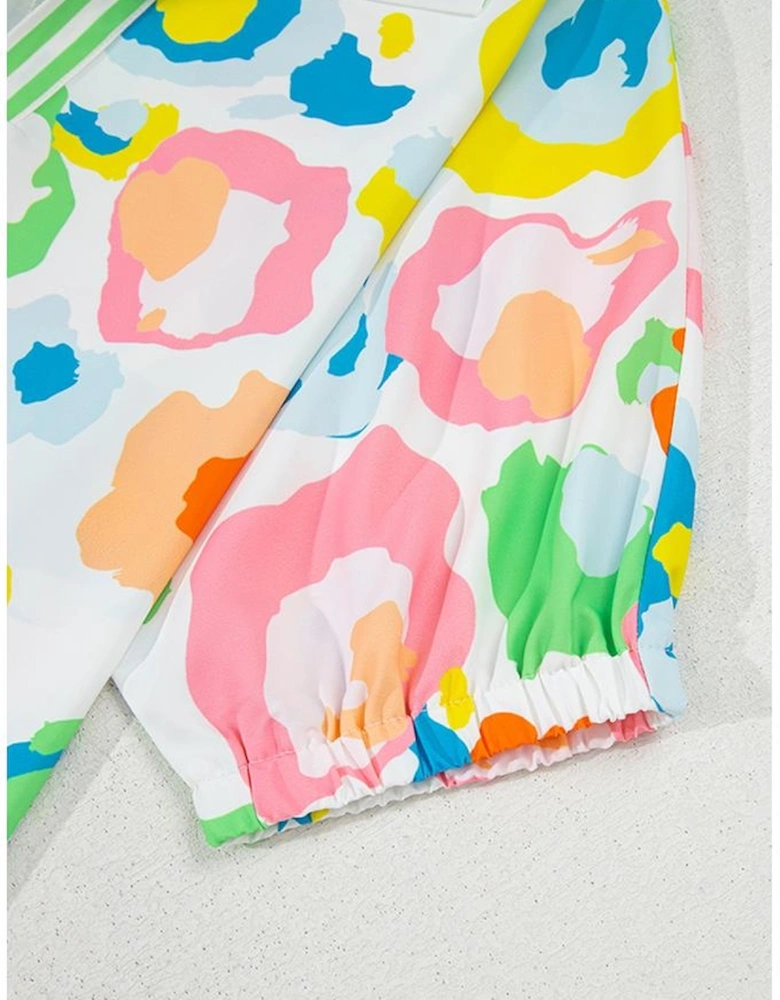 Green Chic Leopard Print Striped Detail Split Neck Blouse