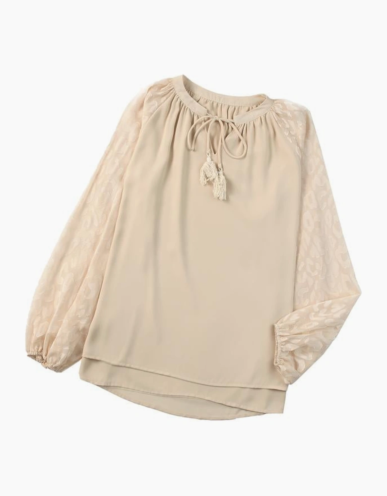 Beige Leopard Mesh Bubble Sleeve Split Neck Blouse