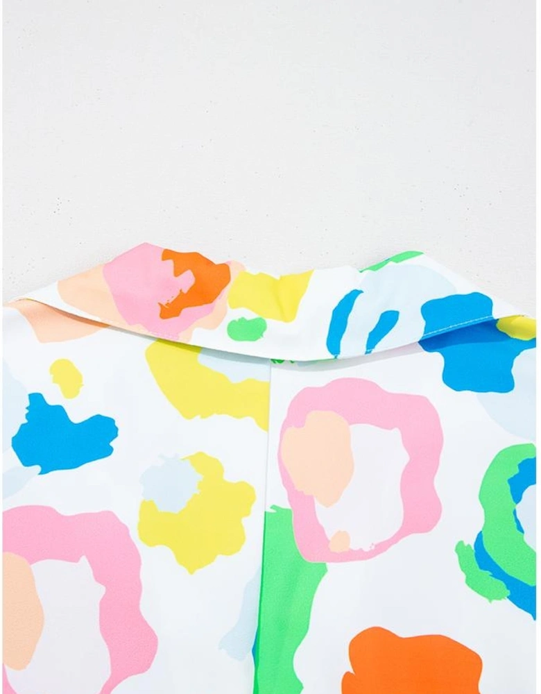 Green Chic Leopard Print Striped Detail Split Neck Blouse