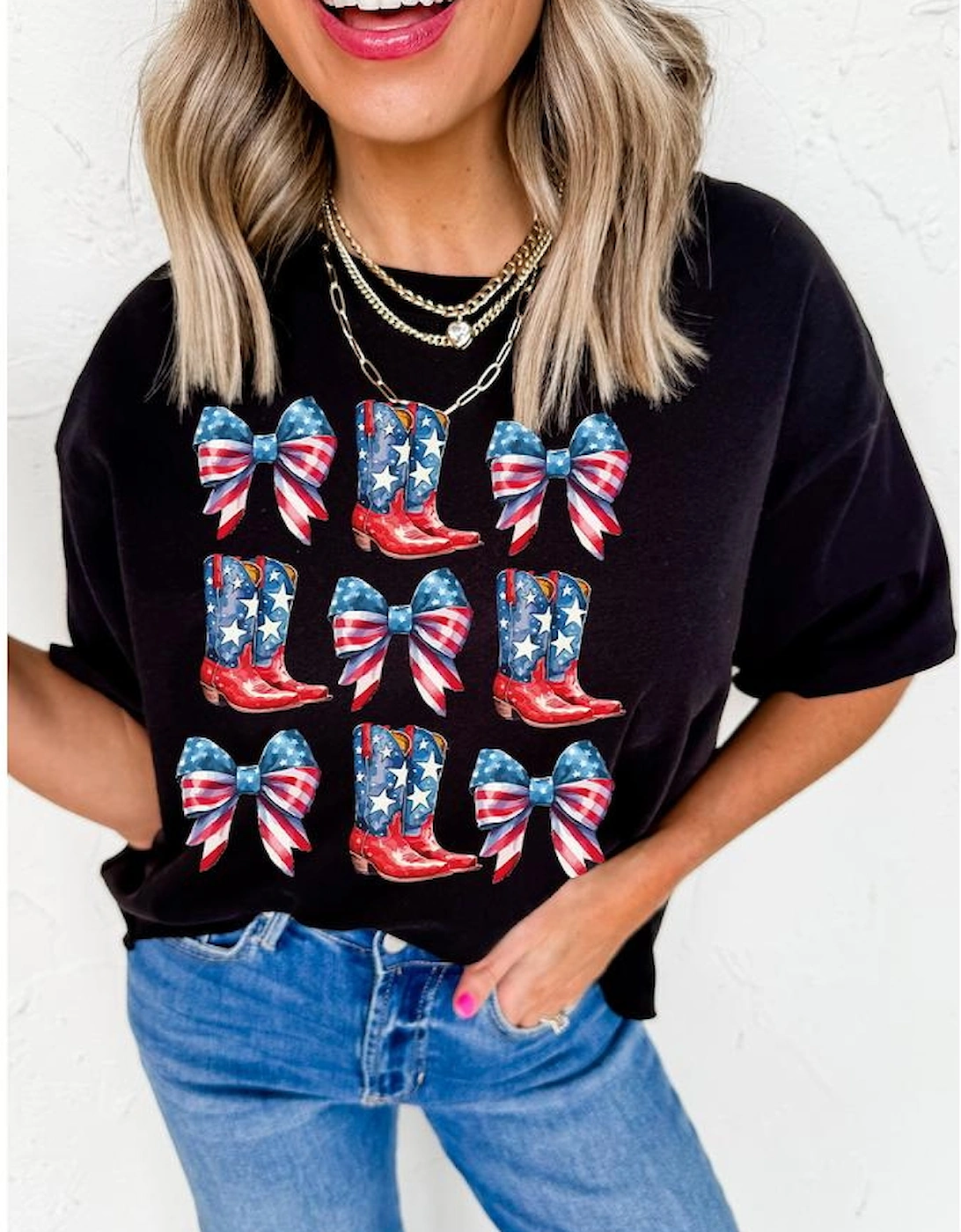 Black Stars and Stripes Bowknot Cowgirl Boots Graphic Patriotic Tee