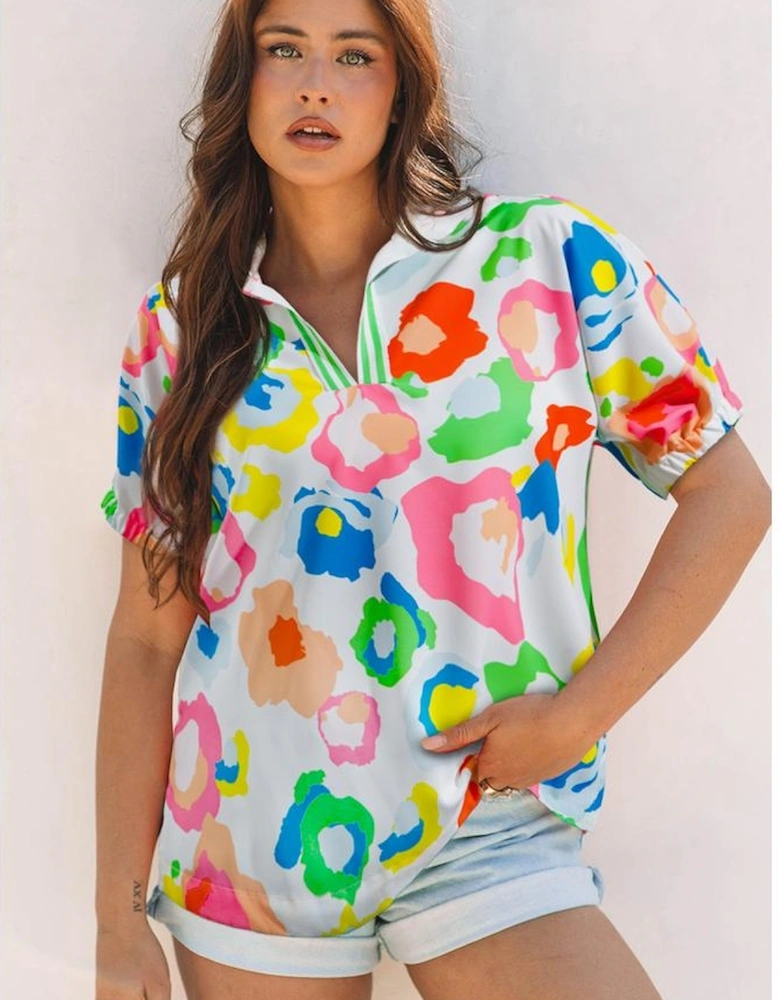 Green Chic Leopard Print Striped Detail Split Neck Blouse