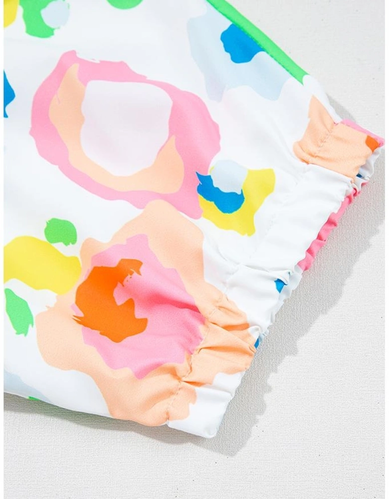 Green Chic Leopard Print Striped Detail Split Neck Blouse