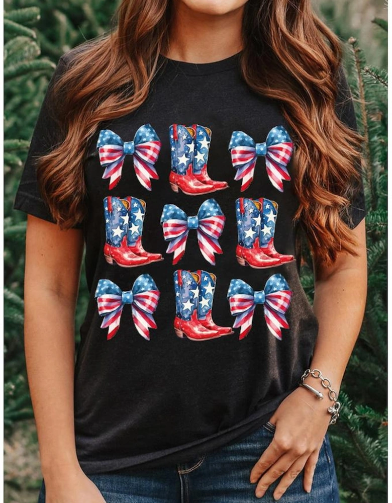 Black Stars and Stripes Bowknot Cowgirl Boots Graphic Patriotic Tee