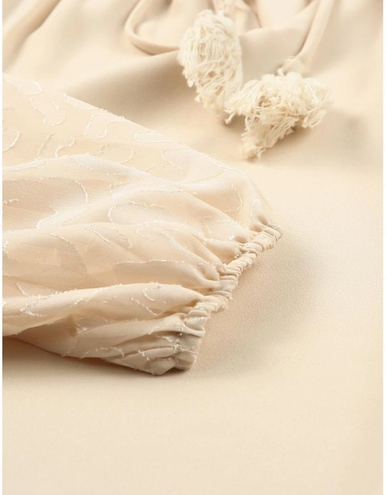 Beige Leopard Mesh Bubble Sleeve Split Neck Blouse