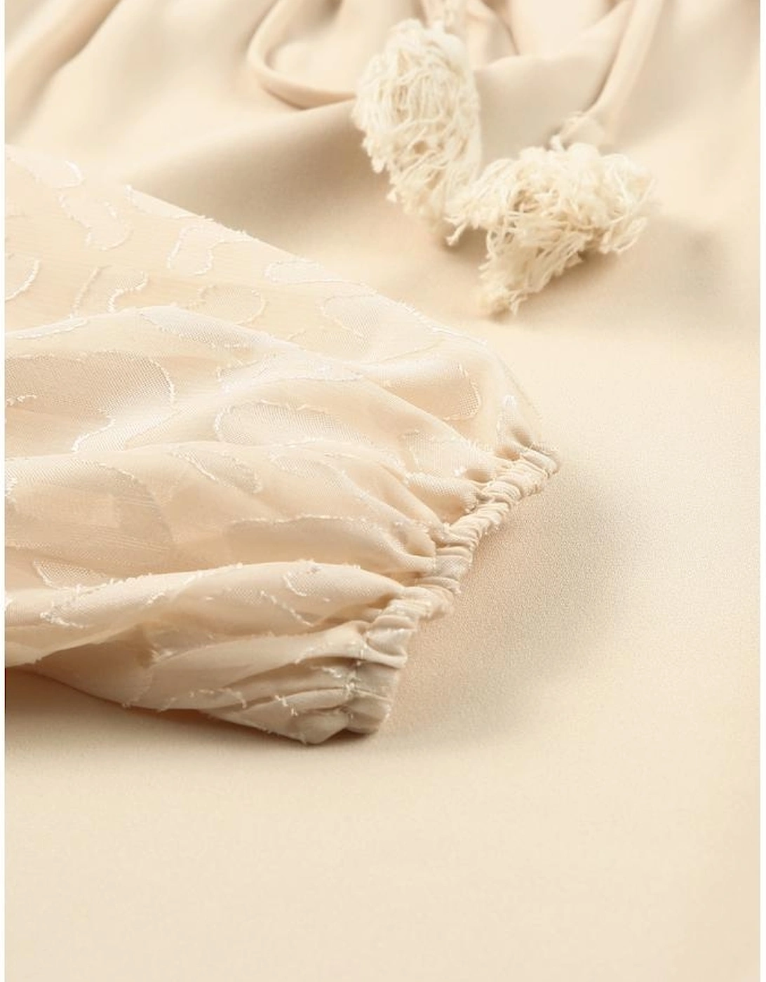 Beige Leopard Mesh Bubble Sleeve Split Neck Blouse