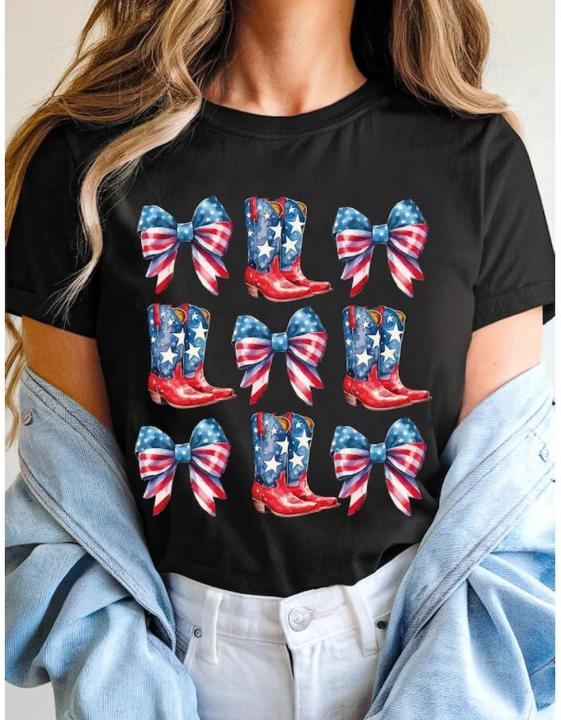 Black Stars and Stripes Bowknot Cowgirl Boots Graphic Patriotic Tee