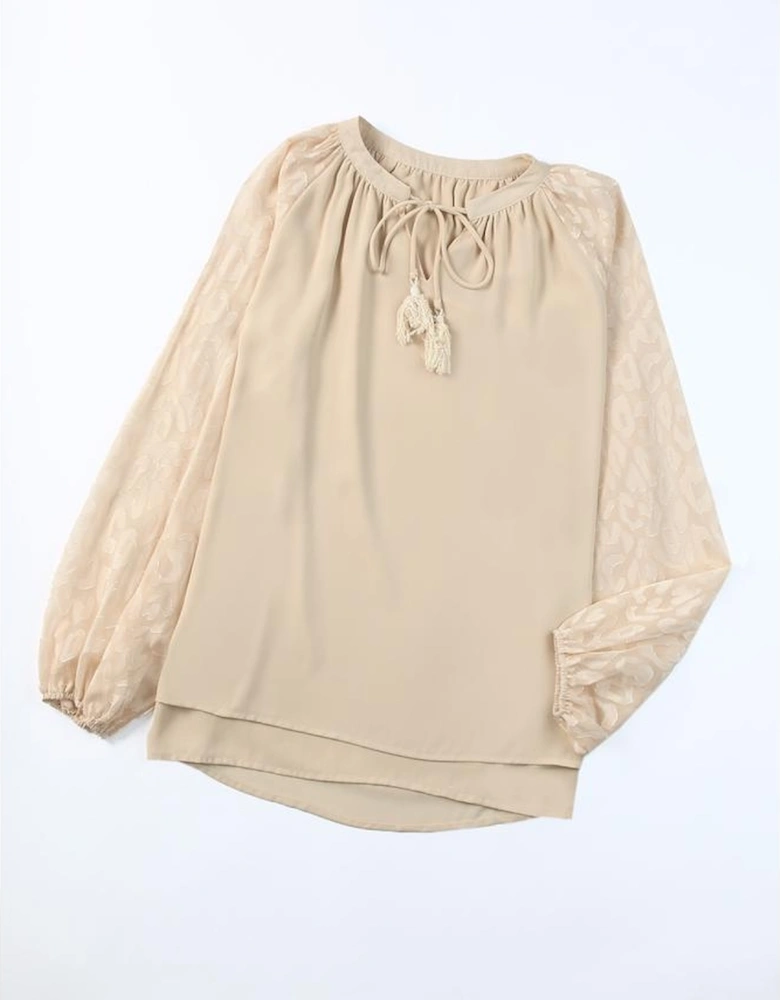 Beige Leopard Mesh Bubble Sleeve Split Neck Blouse