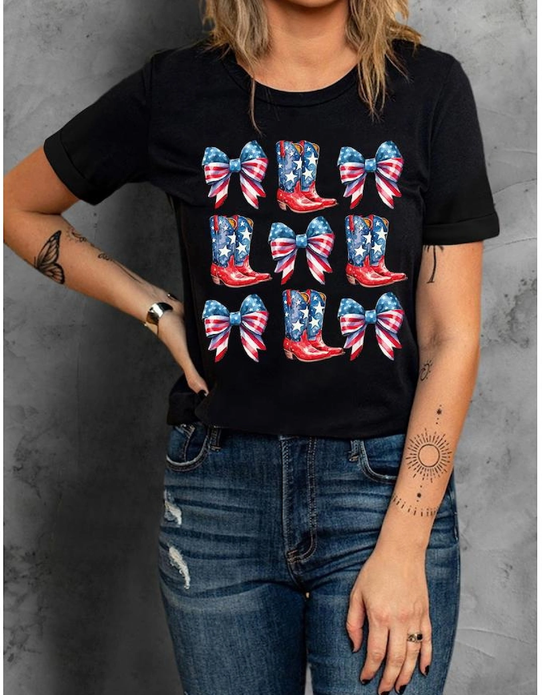 Black Stars and Stripes Bowknot Cowgirl Boots Graphic Patriotic Tee
