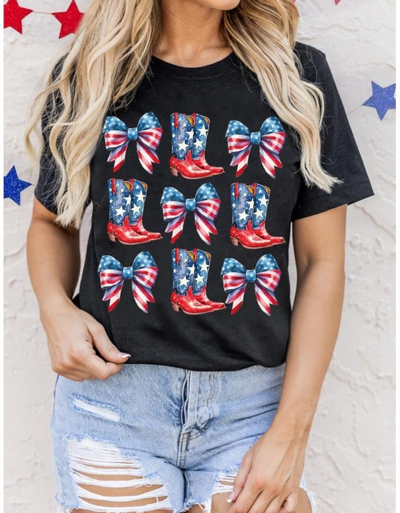 Black Stars and Stripes Bowknot Cowgirl Boots Graphic Patriotic Tee