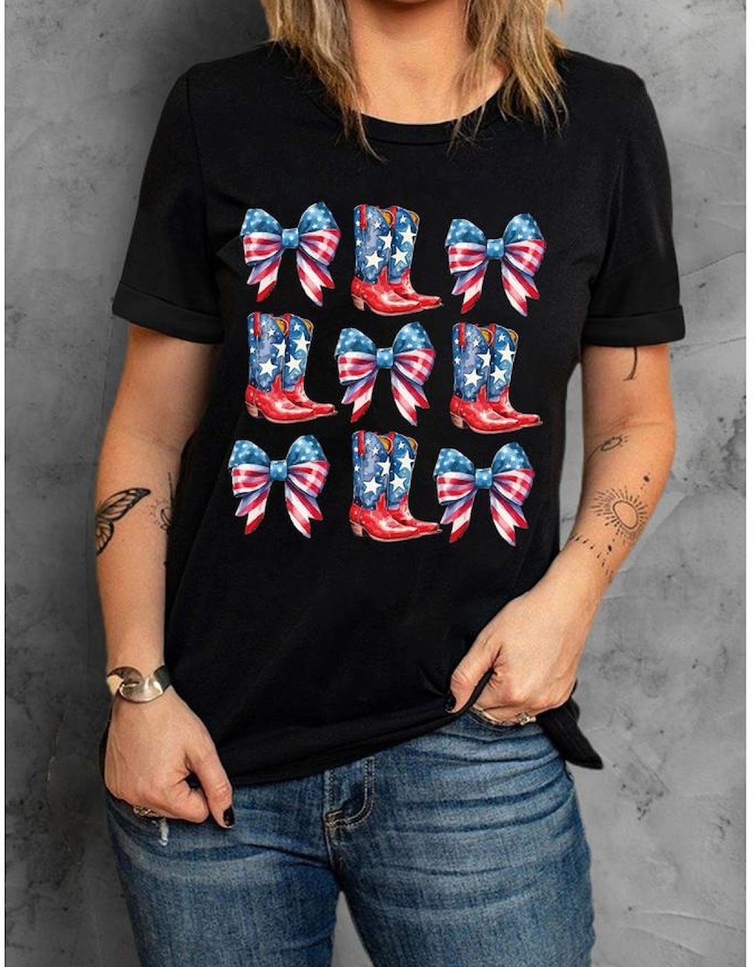 Black Stars and Stripes Bowknot Cowgirl Boots Graphic Patriotic Tee