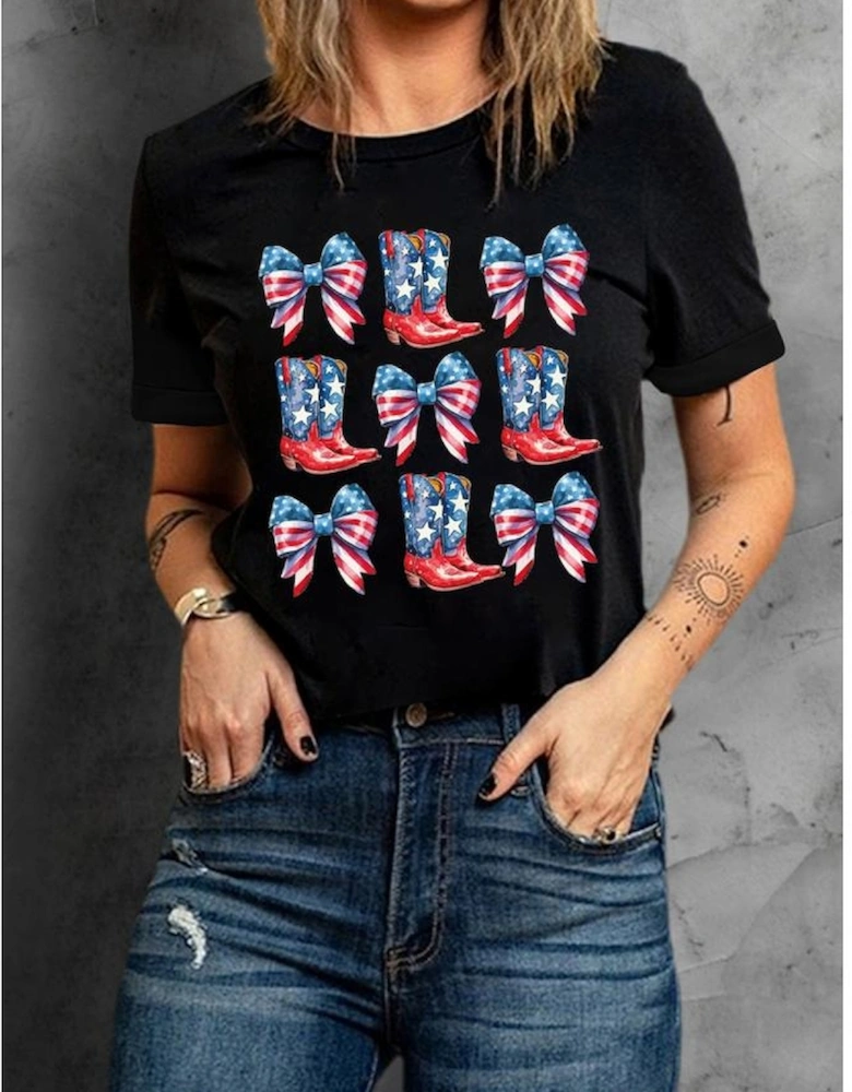 Black Stars and Stripes Bowknot Cowgirl Boots Graphic Patriotic Tee