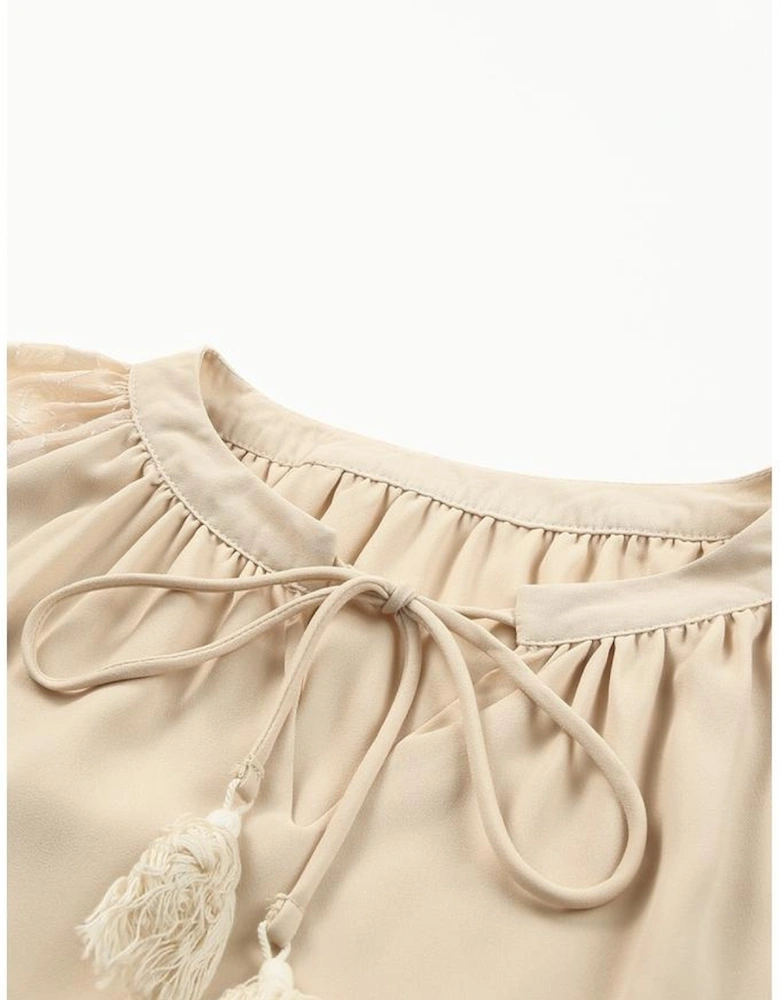 Beige Leopard Mesh Bubble Sleeve Split Neck Blouse