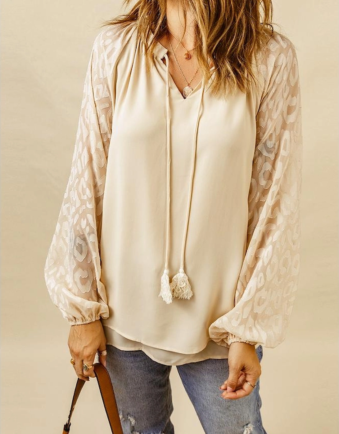 Beige Leopard Mesh Bubble Sleeve Split Neck Blouse