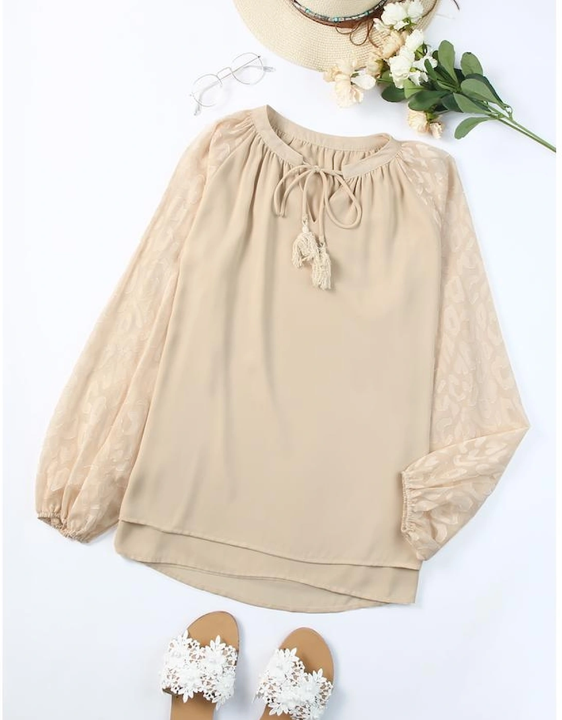 Beige Leopard Mesh Bubble Sleeve Split Neck Blouse