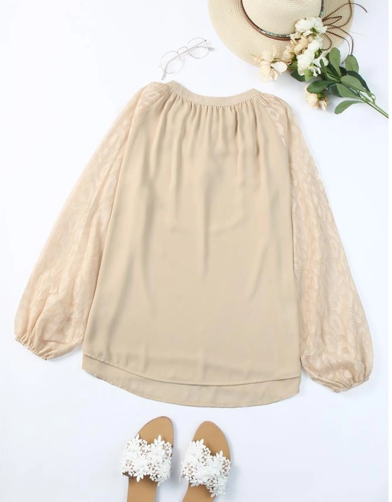 Beige Leopard Mesh Bubble Sleeve Split Neck Blouse