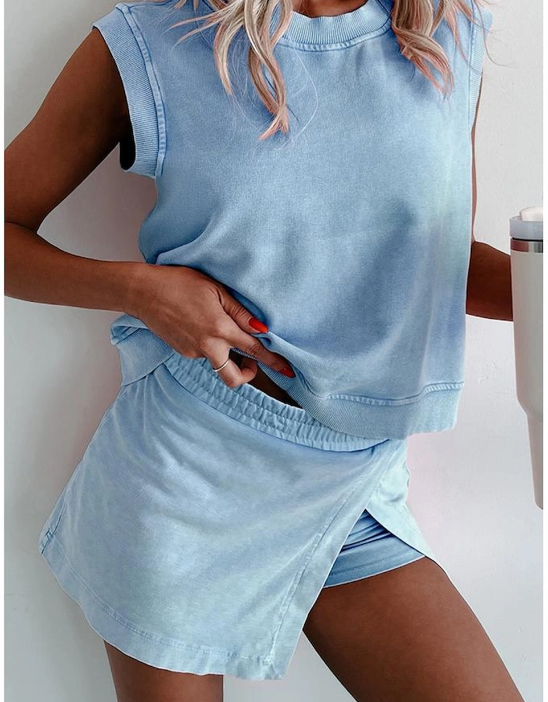 Myosotis 2 Pieces Mineral Wash Cotton Tank Top Lined Split Skirt Set