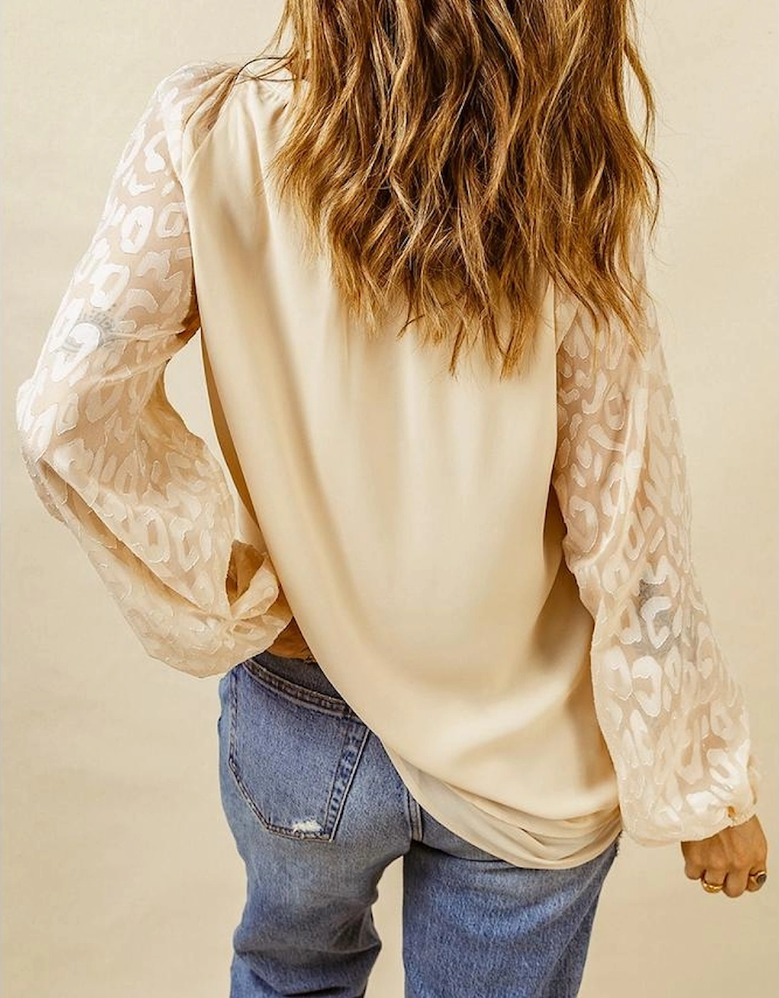 Beige Leopard Mesh Bubble Sleeve Split Neck Blouse