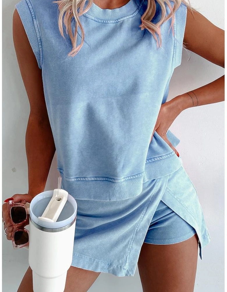 Myosotis 2 Pieces Mineral Wash Cotton Tank Top Lined Split Skirt Set