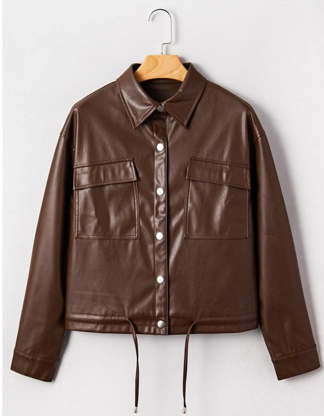 Chicory Coffee Double Flap Pocket Drawstring Hem Leather Jacket