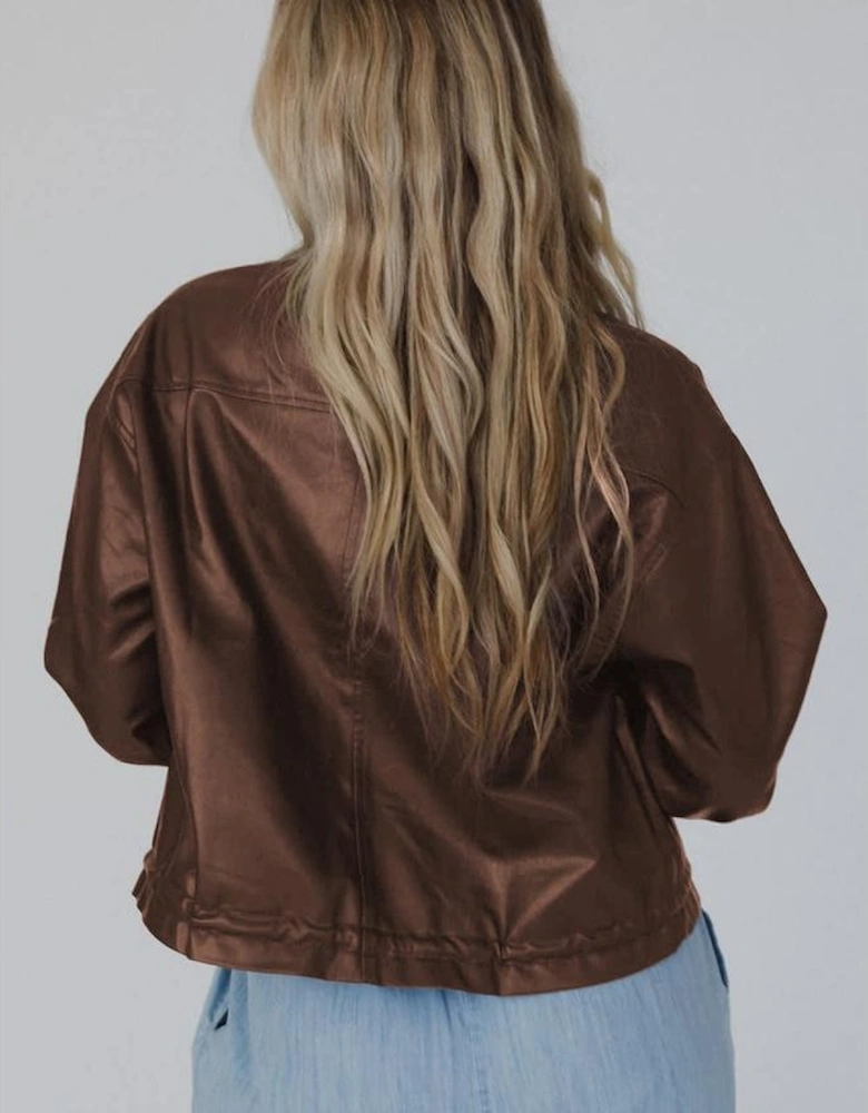 Chicory Coffee Double Flap Pocket Drawstring Hem Leather Jacket