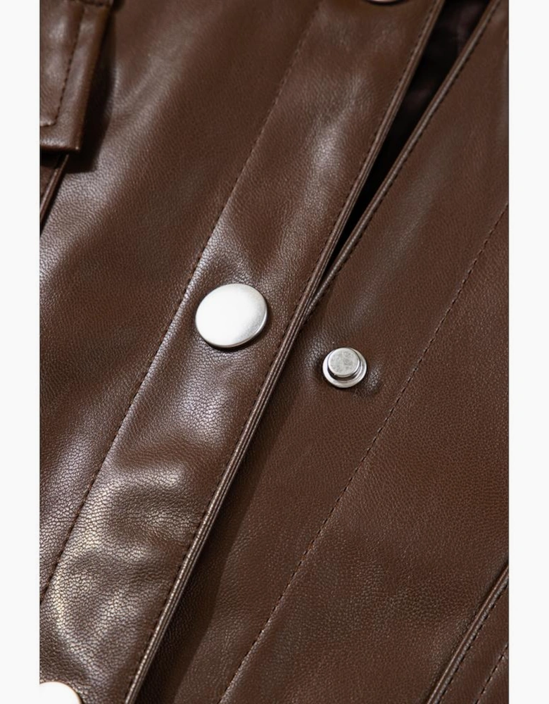Chicory Coffee Double Flap Pocket Drawstring Hem Leather Jacket