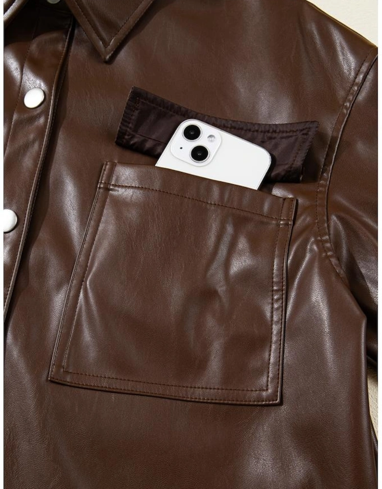 Chicory Coffee Double Flap Pocket Drawstring Hem Leather Jacket