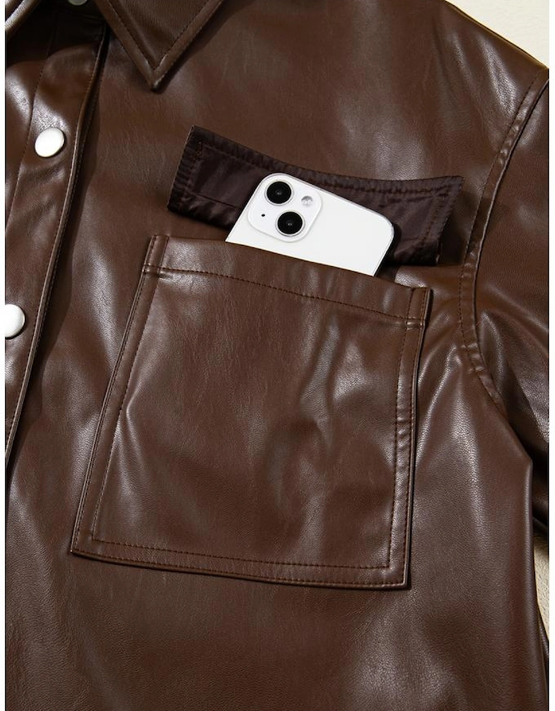 Chicory Coffee Double Flap Pocket Drawstring Hem Leather Jacket