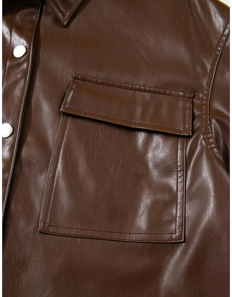 Chicory Coffee Double Flap Pocket Drawstring Hem Leather Jacket