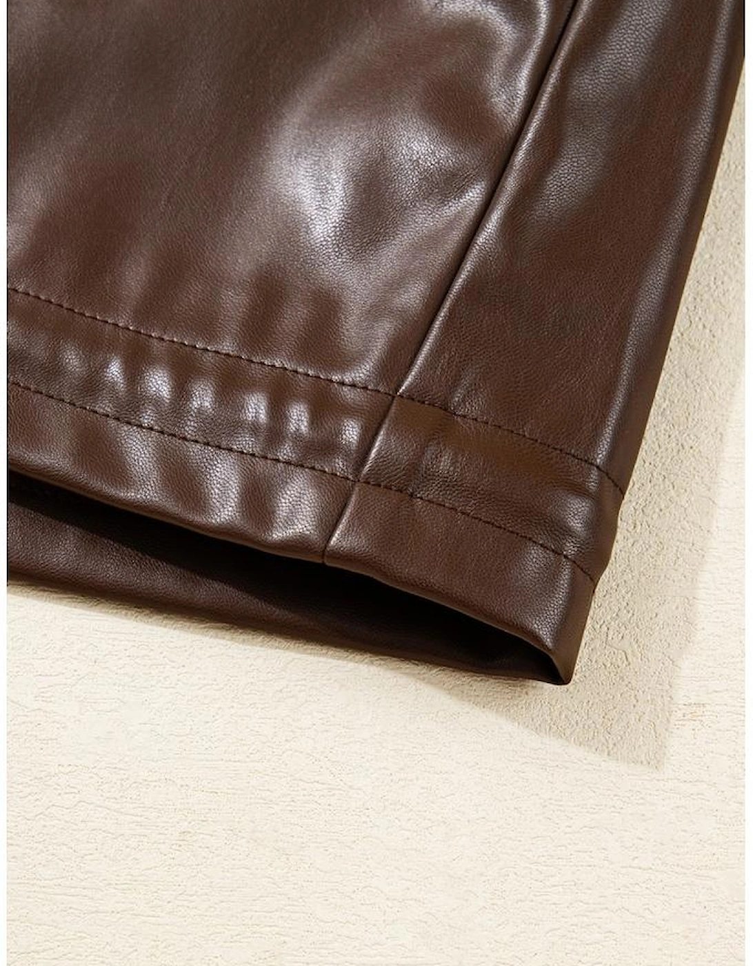 Chicory Coffee Double Flap Pocket Drawstring Hem Leather Jacket