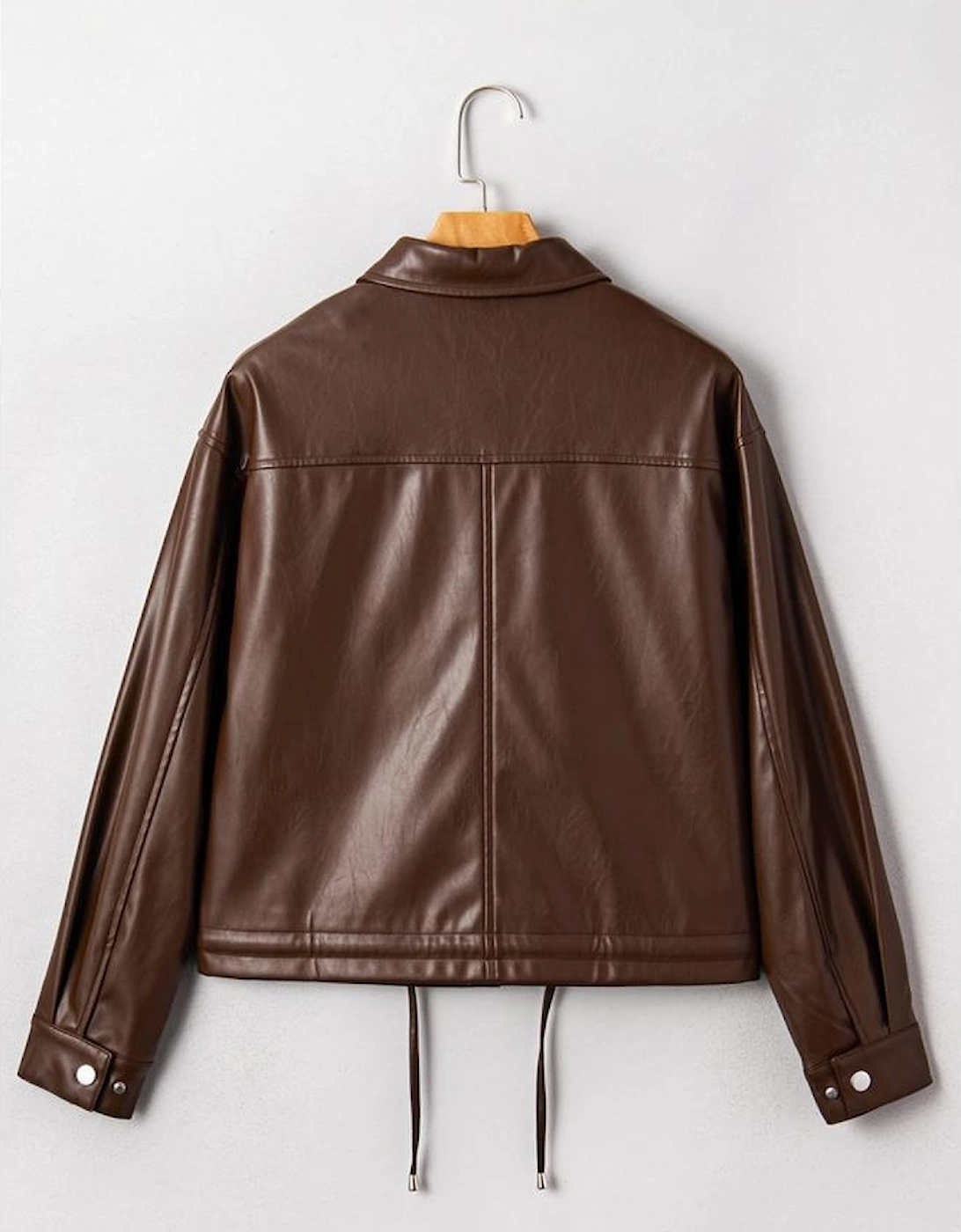 Chicory Coffee Double Flap Pocket Drawstring Hem Leather Jacket