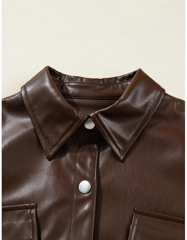 Chicory Coffee Double Flap Pocket Drawstring Hem Leather Jacket