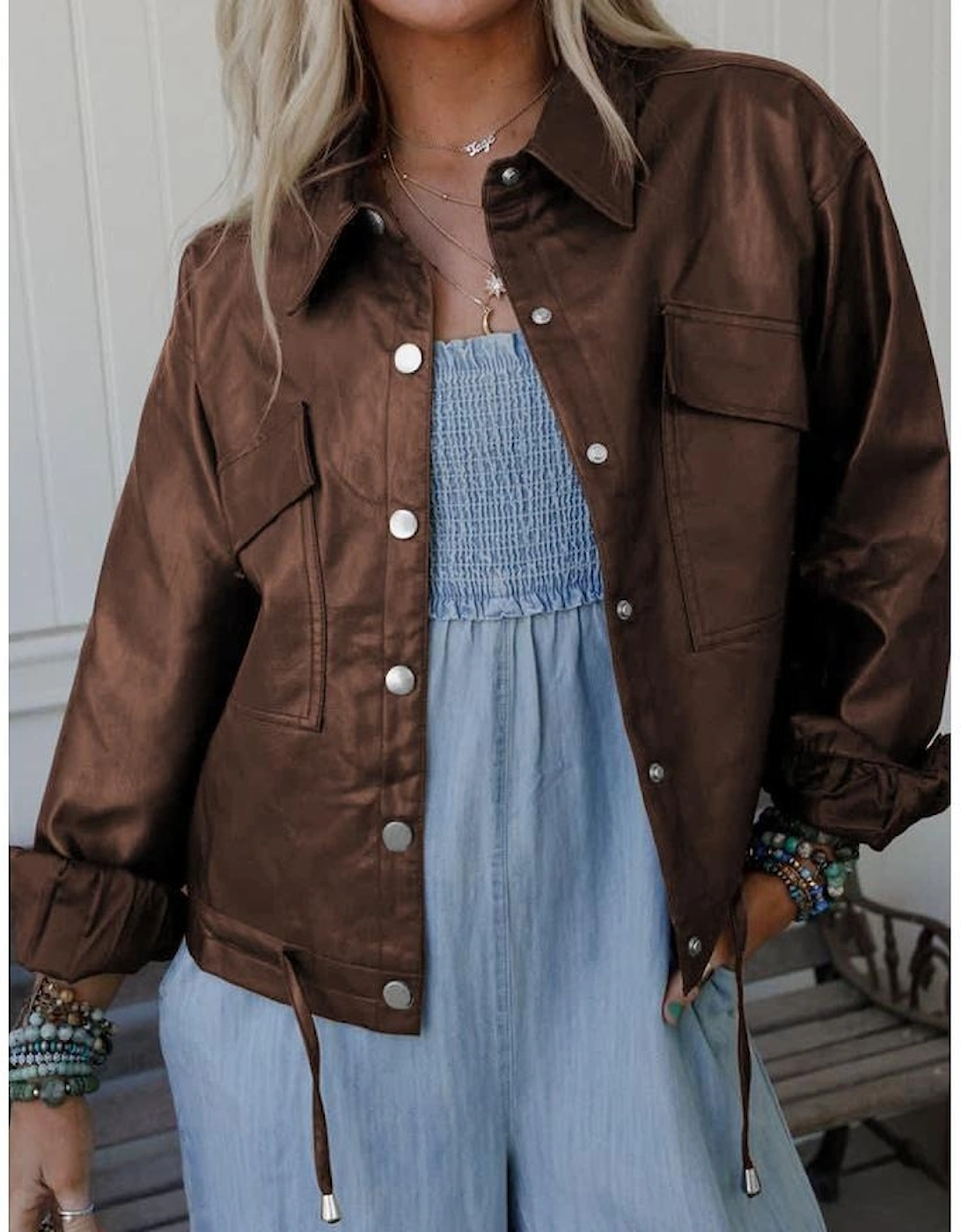 Chicory Coffee Double Flap Pocket Drawstring Hem Leather Jacket