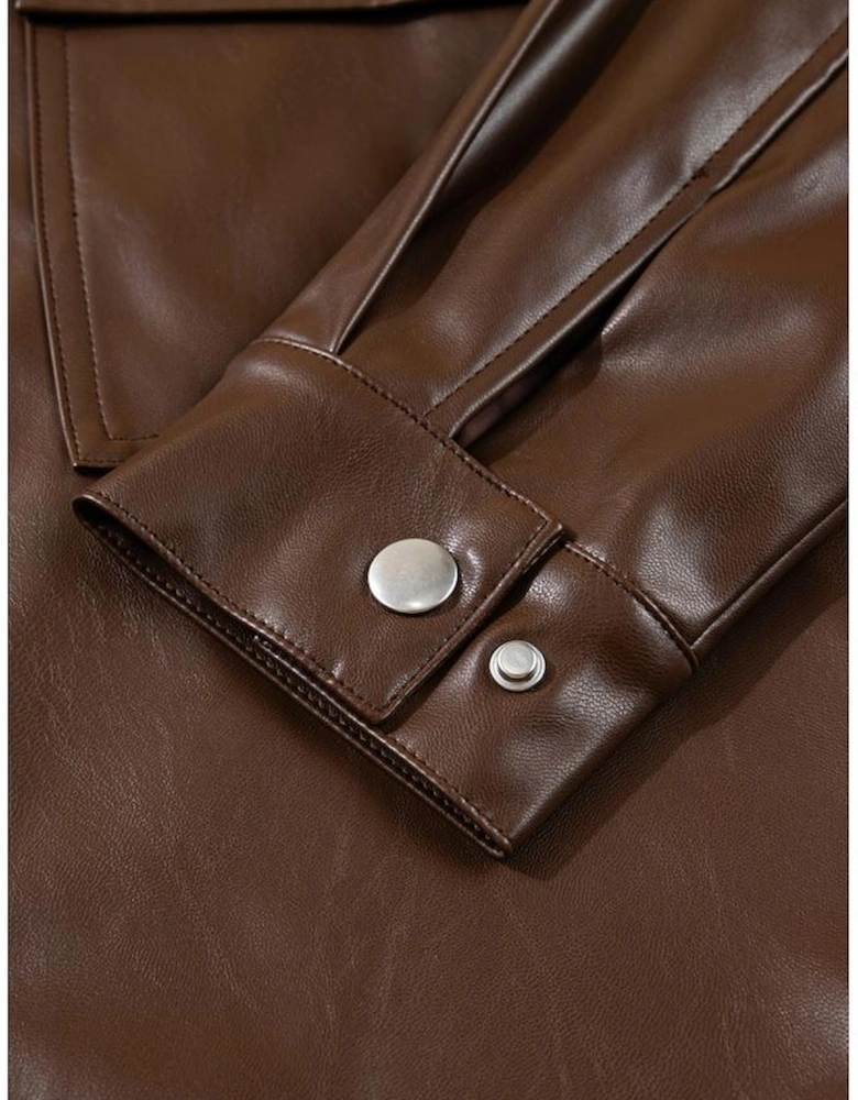 Chicory Coffee Double Flap Pocket Drawstring Hem Leather Jacket