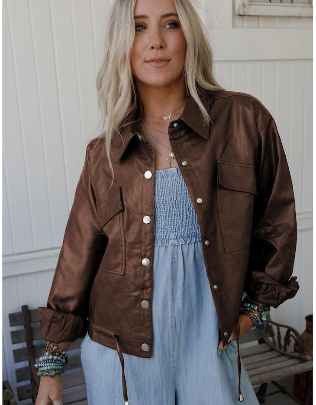 Chicory Coffee Double Flap Pocket Drawstring Hem Leather Jacket