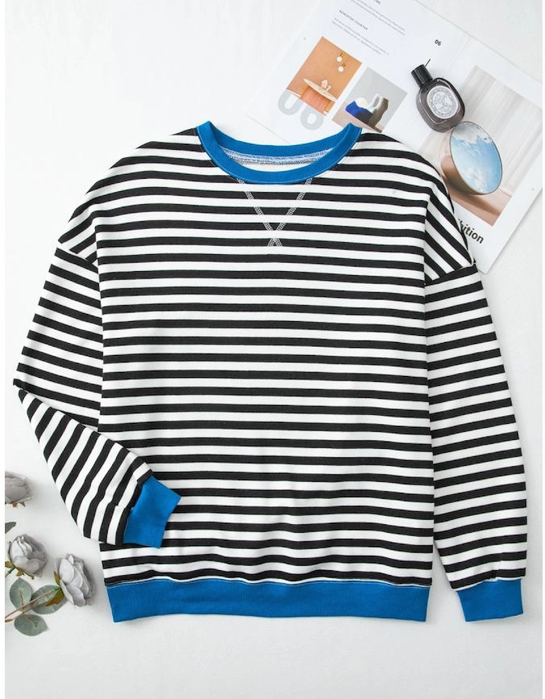 White Stripe Striped Contrast Ribbed Trim Crossed Stitch Drop Shoulder Sweatshirt