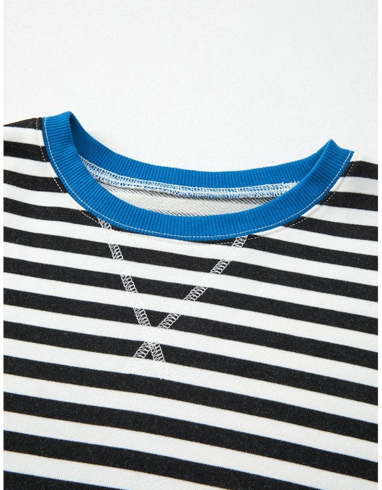 White Stripe Striped Contrast Ribbed Trim Crossed Stitch Drop Shoulder Sweatshirt