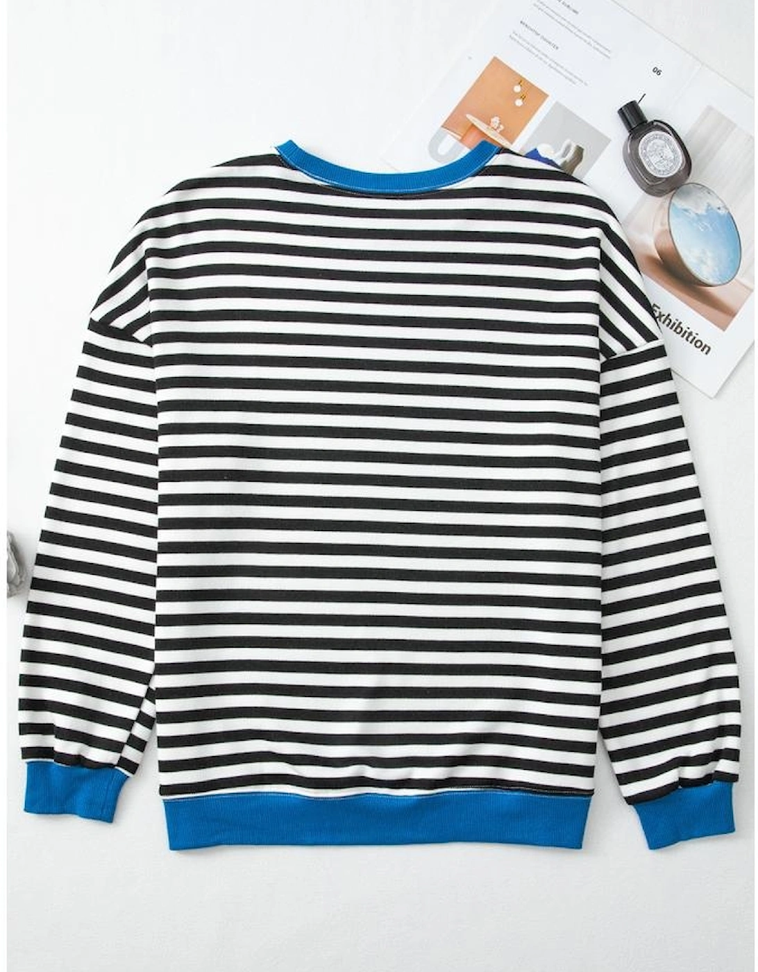 White Stripe Striped Contrast Ribbed Trim Crossed Stitch Drop Shoulder Sweatshirt
