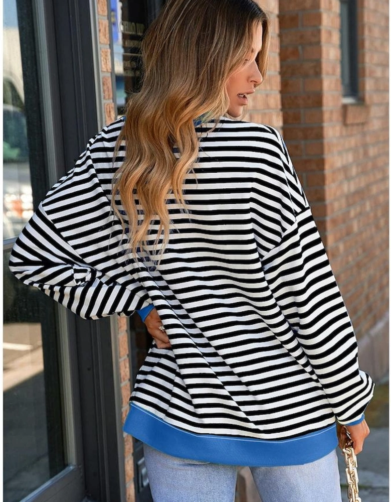 White Stripe Striped Contrast Ribbed Trim Crossed Stitch Drop Shoulder Sweatshirt