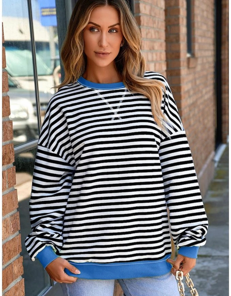 White Stripe Striped Contrast Ribbed Trim Crossed Stitch Drop Shoulder Sweatshirt