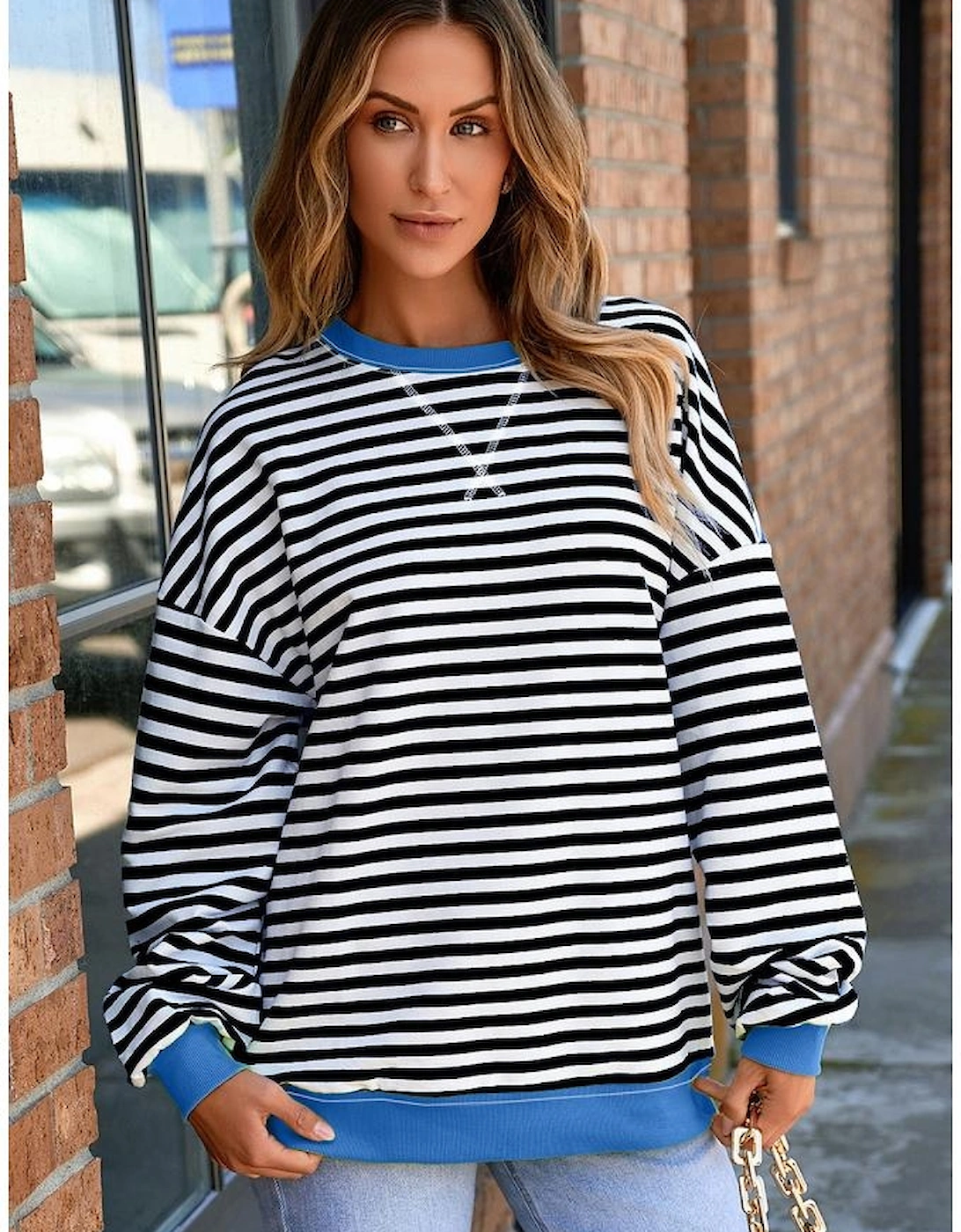 White Stripe Striped Contrast Ribbed Trim Crossed Stitch Drop Shoulder Sweatshirt