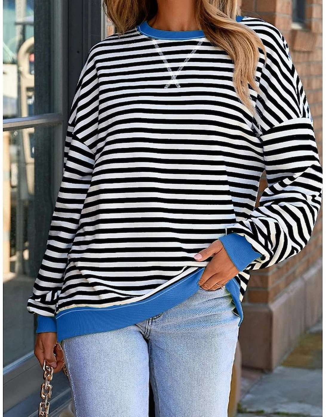 White Stripe Striped Contrast Ribbed Trim Crossed Stitch Drop Shoulder Sweatshirt