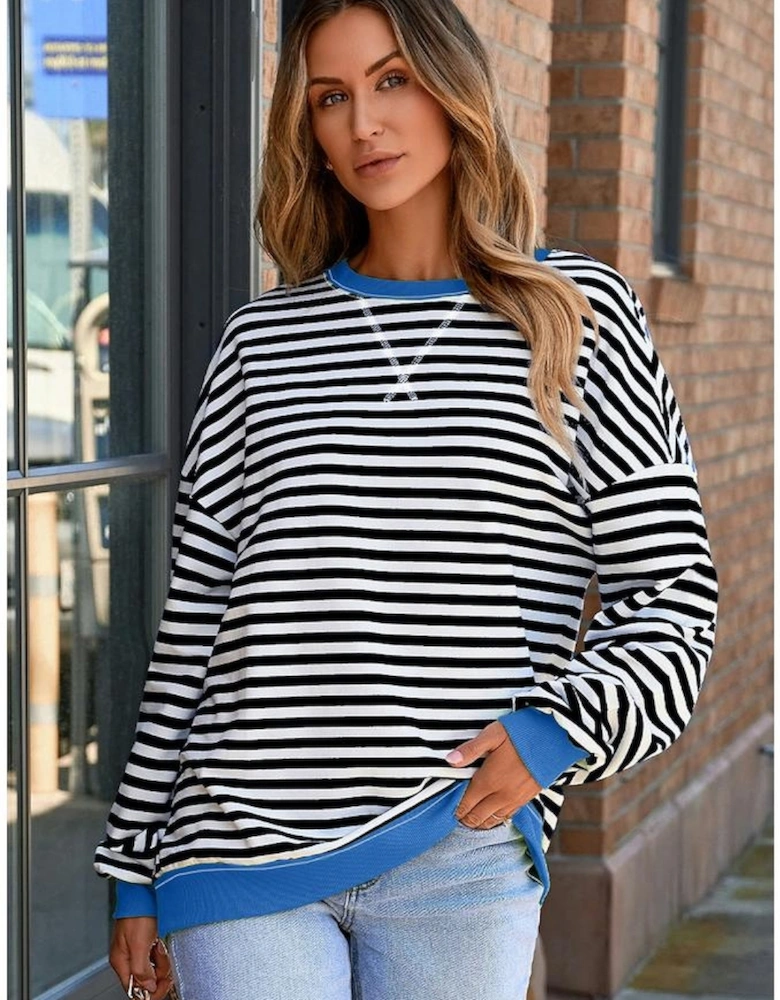 White Stripe Striped Contrast Ribbed Trim Crossed Stitch Drop Shoulder Sweatshirt