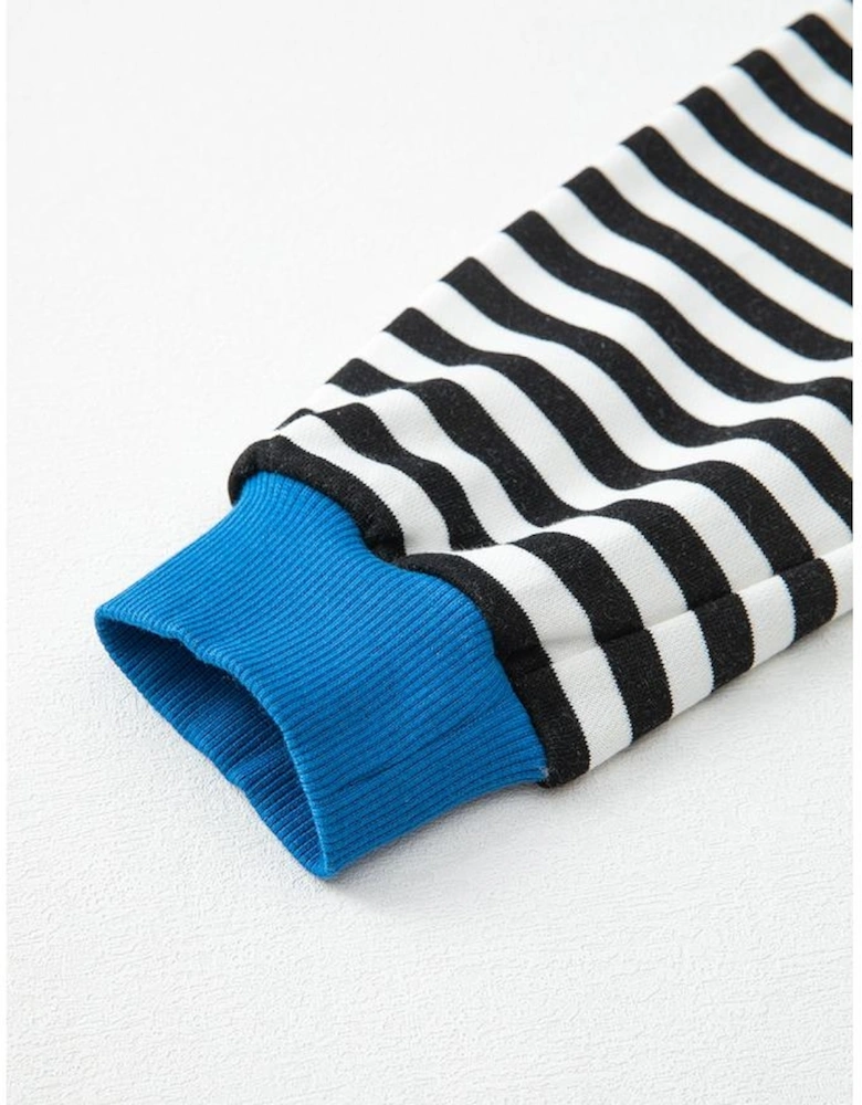 White Stripe Striped Contrast Ribbed Trim Crossed Stitch Drop Shoulder Sweatshirt