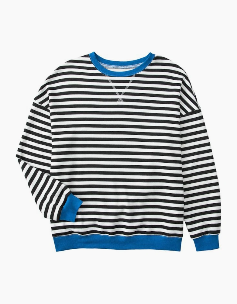 White Stripe Striped Contrast Ribbed Trim Crossed Stitch Drop Shoulder Sweatshirt