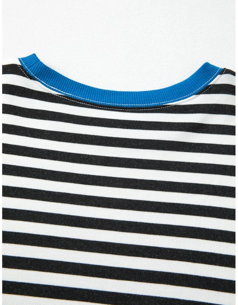 White Stripe Striped Contrast Ribbed Trim Crossed Stitch Drop Shoulder Sweatshirt