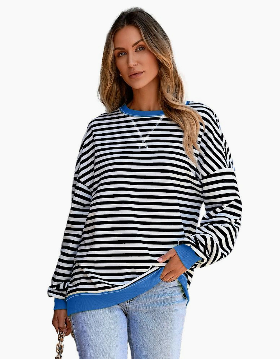 White Stripe Striped Contrast Ribbed Trim Crossed Stitch Drop Shoulder Sweatshirt