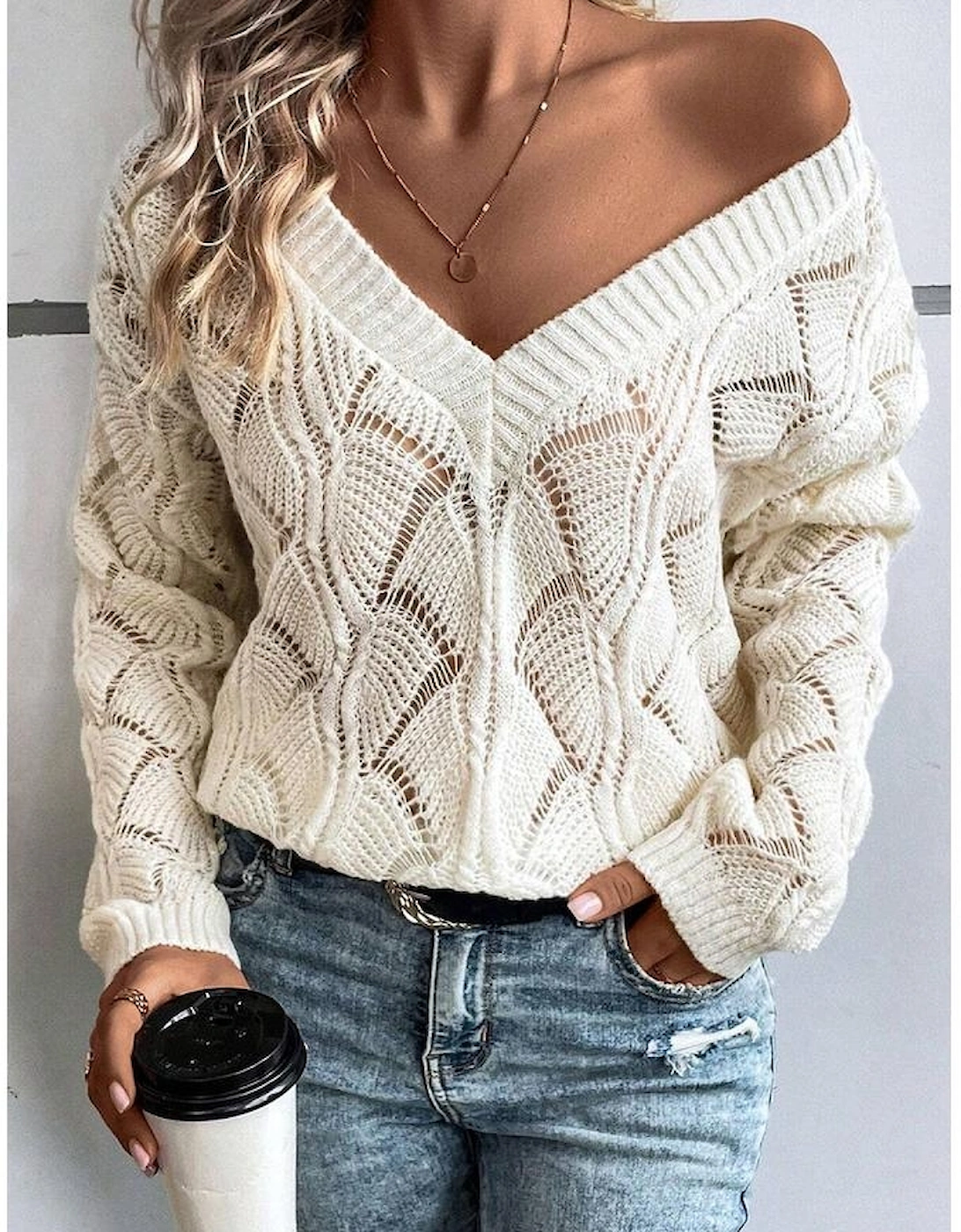 Beige Hollow Out Knit V Neck Drop Shoulder Sweater, 16 of 15